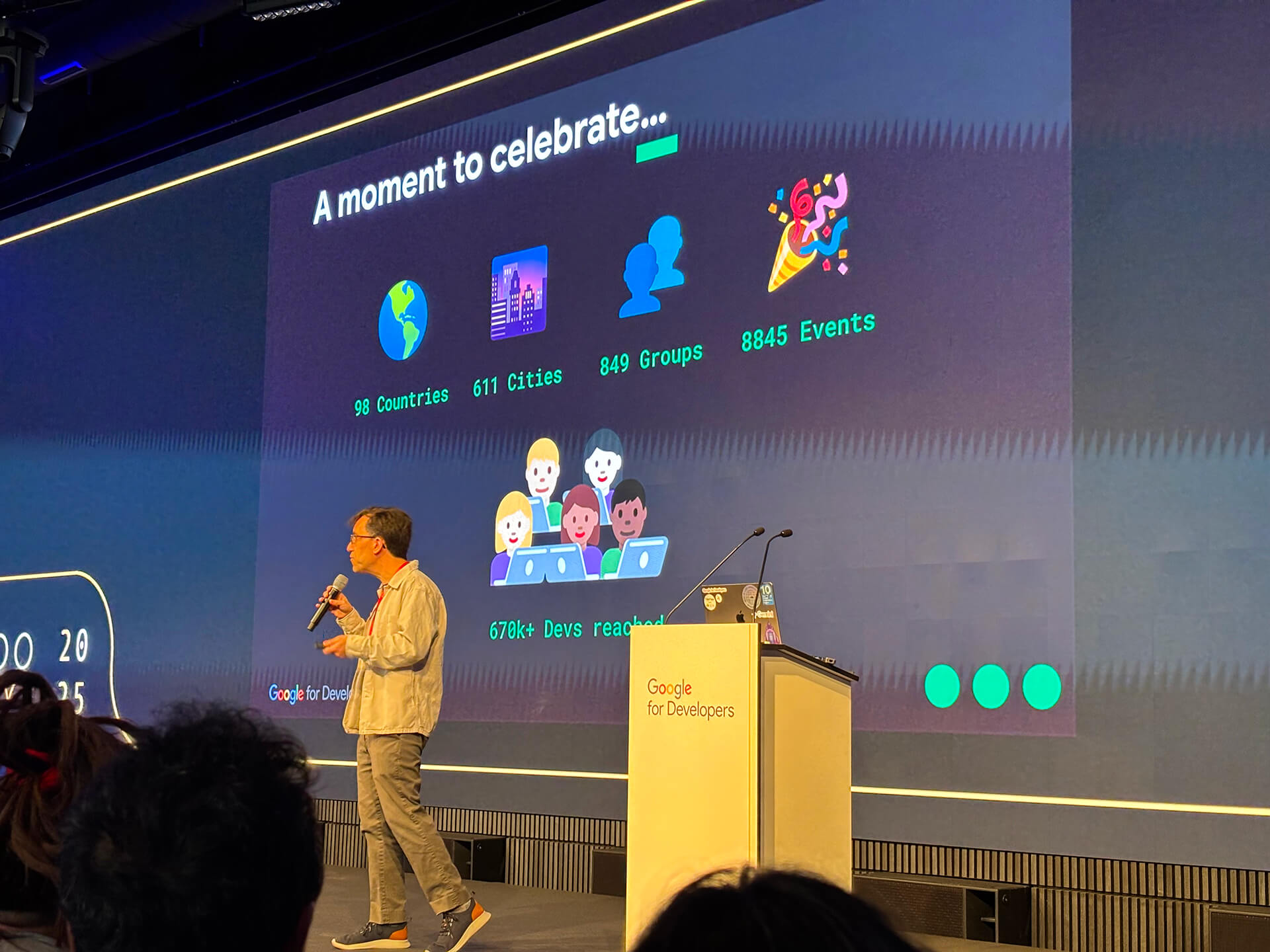 David McLaughlin stands on stage holding a microphone beside a podium that says 'Google for Developers'. Behind him a large presentation slide reads 'A moment to celebrate... 98 countries, 611 cities, 849 groups, 8845 events, 670,000 devs reached.
